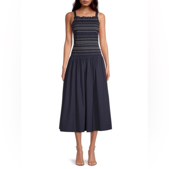 Jason Wu Dresses & Skirts - Jason Wu Smocked Drop Waist Midi Dress Navy Blue sz 14